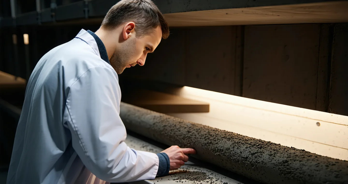 Materials science researcher examining a concrete test specimen in a laboratory setting