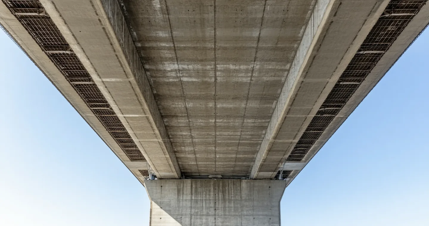 Concrete bridge underside showing deck structure and girders