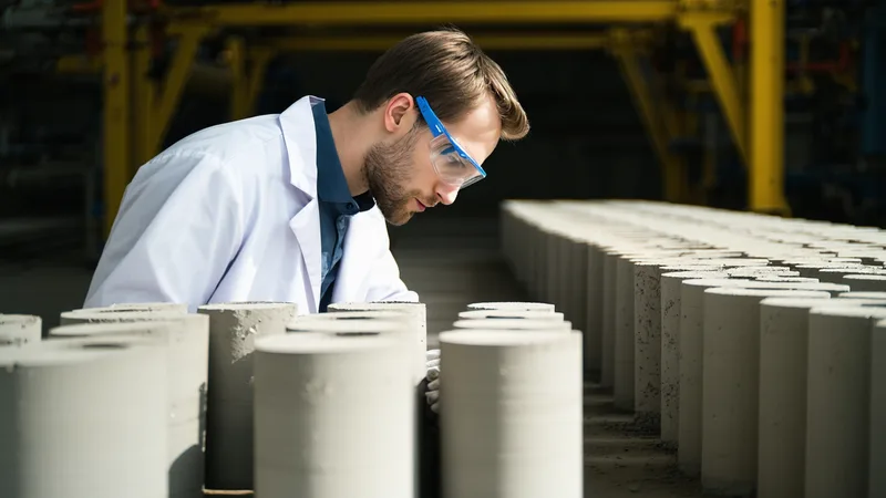 Engineer reviewing material testing specimens in a construction materials laboratory