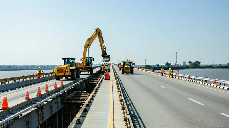 Maintenance crew with equipment vehicles on a highway bridge repair operation