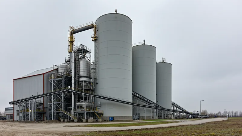 Cement kiln facility with industrial exhaust stacks and silos