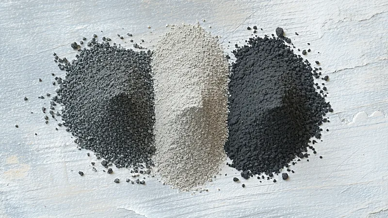 Construction material samples showing fly ash powder, slag granules, and calcined clay