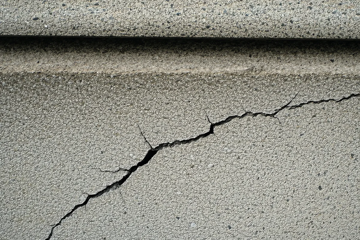 Close-up of cracked bridge abutment concrete showing surface crack pattern and weathering