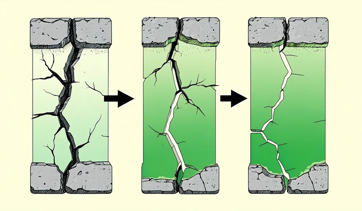 Technical diagram showing concrete cross-section with healing agent capsules and the three-stage crack sealing process