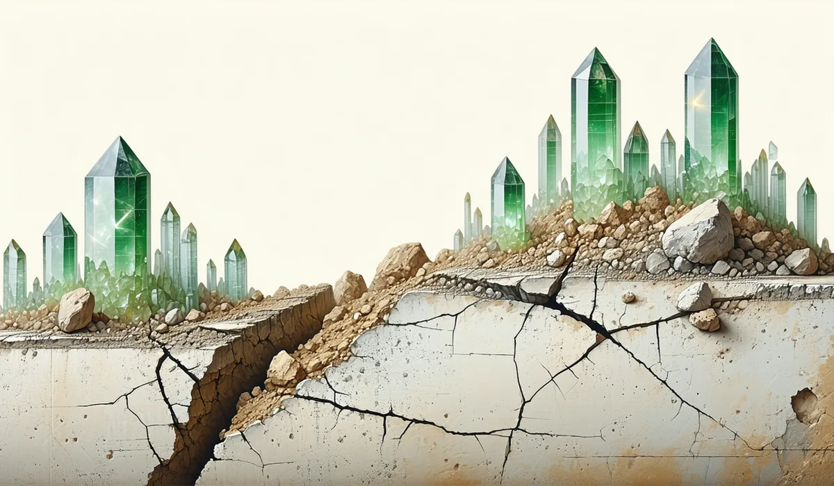 Cross-section diagram of concrete showing embedded healing agent capsules, crack formation, and crystal gel bridging the gap