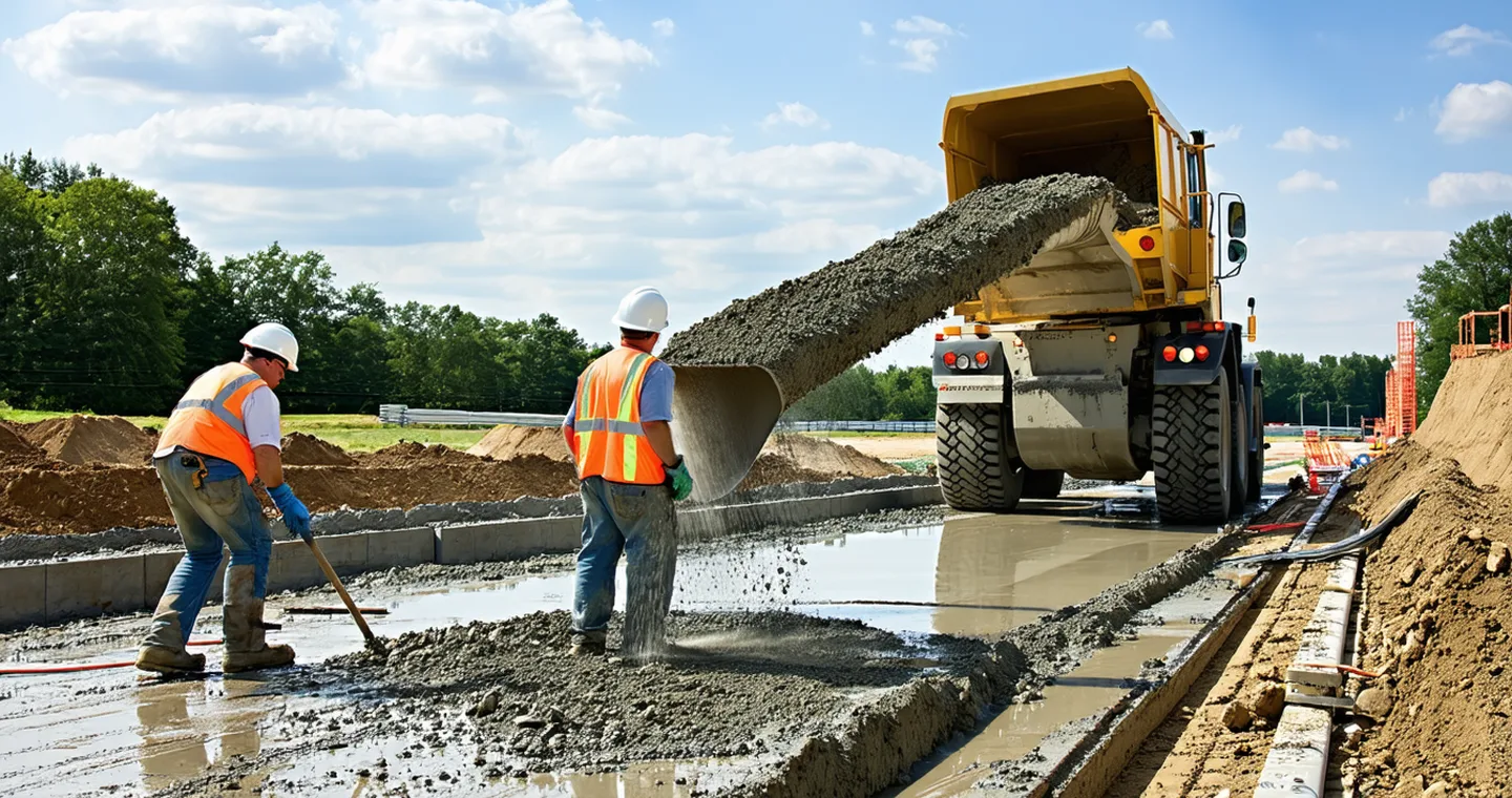Fresh concrete being poured and spread on construction formwork with workers screeding the surface