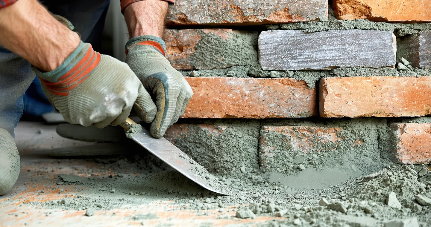 Masonry worker applying mortar to a brick wall repair section with a pointing trowel